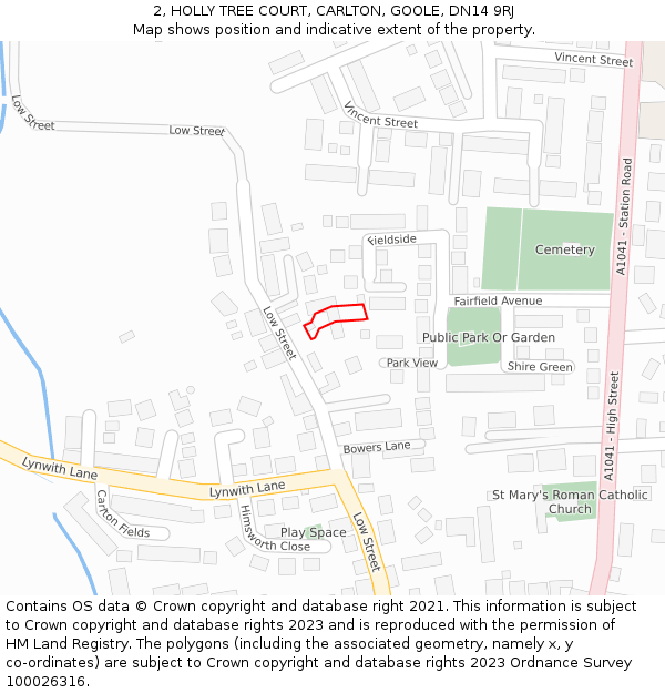 2, HOLLY TREE COURT, CARLTON, GOOLE, DN14 9RJ: Location map and indicative extent of plot