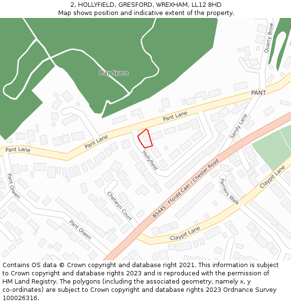 2, HOLLYFIELD, GRESFORD, WREXHAM, LL12 8HD: Location map and indicative extent of plot