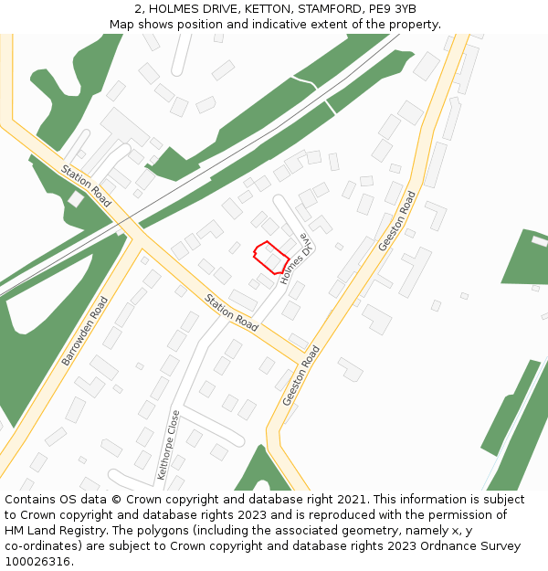 2, HOLMES DRIVE, KETTON, STAMFORD, PE9 3YB: Location map and indicative extent of plot