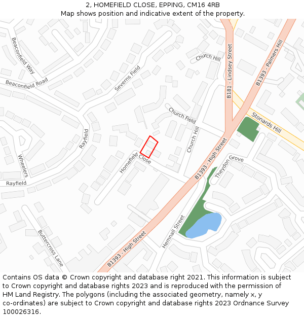 2, HOMEFIELD CLOSE, EPPING, CM16 4RB: Location map and indicative extent of plot