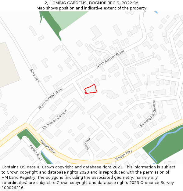 2, HOMING GARDENS, BOGNOR REGIS, PO22 9AJ: Location map and indicative extent of plot