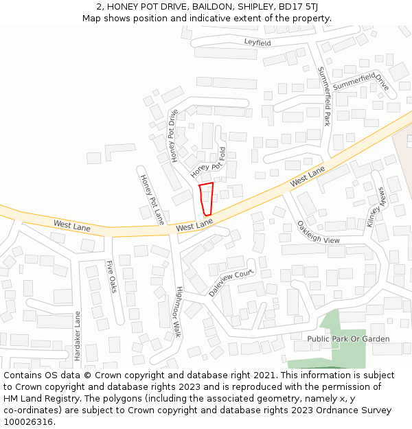 2, HONEY POT DRIVE, BAILDON, SHIPLEY, BD17 5TJ: Location map and indicative extent of plot