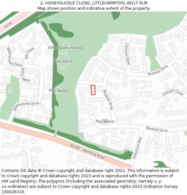 2, HONEYSUCKLE CLOSE, LITTLEHAMPTON, BN17 6UR: Location map and indicative extent of plot