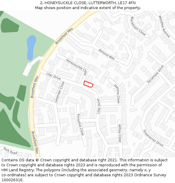 2, HONEYSUCKLE CLOSE, LUTTERWORTH, LE17 4FN: Location map and indicative extent of plot