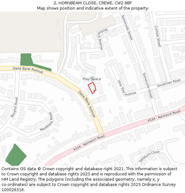 2, HORNBEAM CLOSE, CREWE, CW2 8BF: Location map and indicative extent of plot