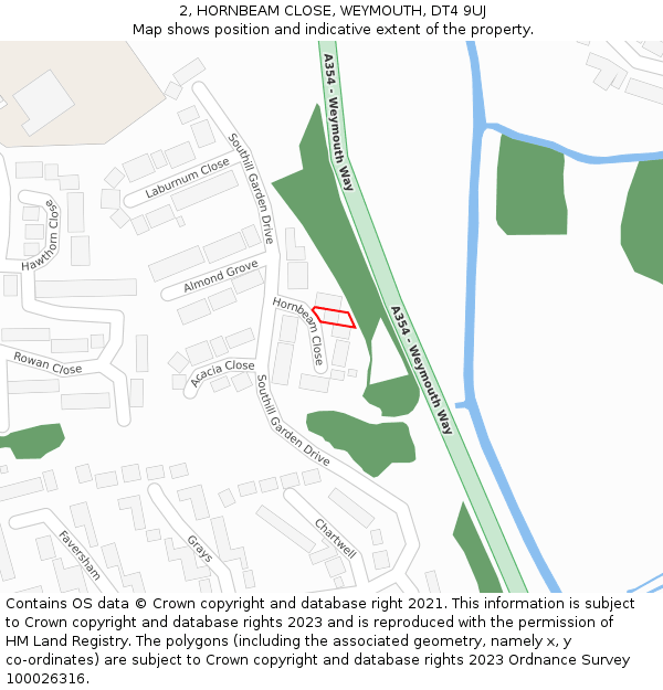 2, HORNBEAM CLOSE, WEYMOUTH, DT4 9UJ: Location map and indicative extent of plot