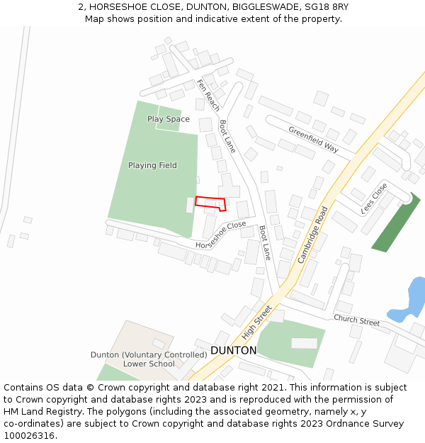 2, HORSESHOE CLOSE, DUNTON, BIGGLESWADE, SG18 8RY: Location map and indicative extent of plot
