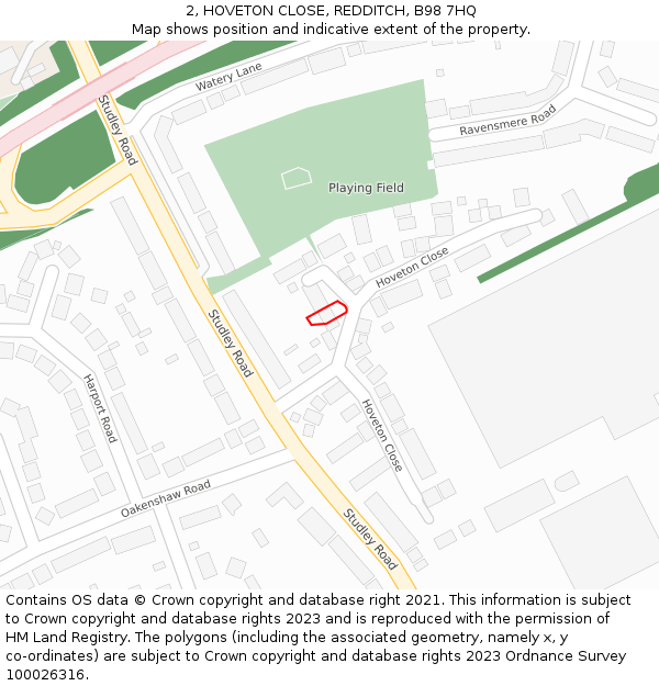 2, HOVETON CLOSE, REDDITCH, B98 7HQ: Location map and indicative extent of plot