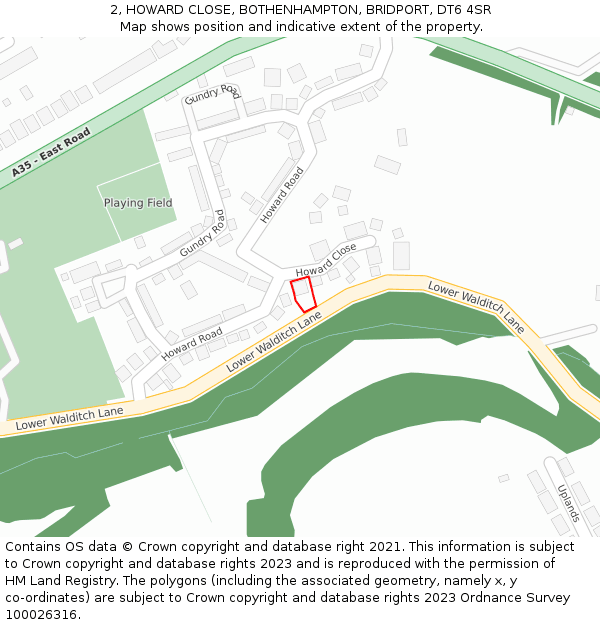 2, HOWARD CLOSE, BOTHENHAMPTON, BRIDPORT, DT6 4SR: Location map and indicative extent of plot
