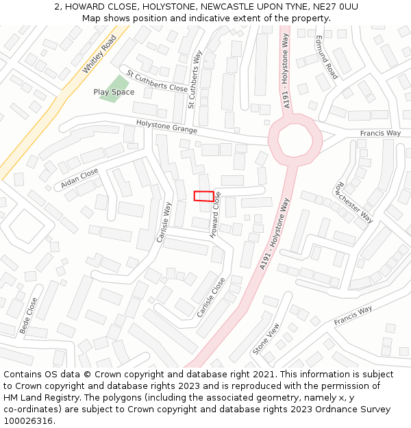 2, HOWARD CLOSE, HOLYSTONE, NEWCASTLE UPON TYNE, NE27 0UU: Location map and indicative extent of plot