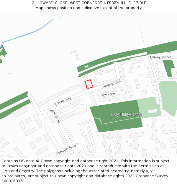 2, HOWARD CLOSE, WEST CORNFORTH, FERRYHILL, DL17 9LF: Location map and indicative extent of plot