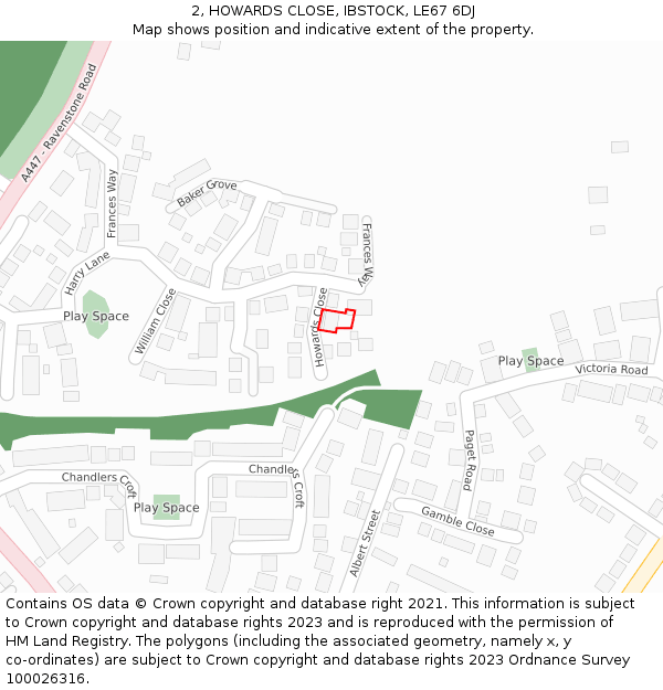 2, HOWARDS CLOSE, IBSTOCK, LE67 6DJ: Location map and indicative extent of plot