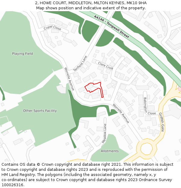 2, HOWE COURT, MIDDLETON, MILTON KEYNES, MK10 9HA: Location map and indicative extent of plot