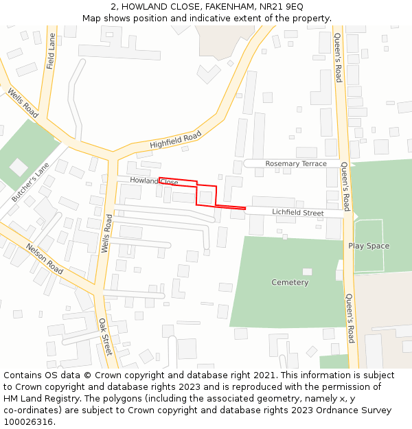 2, HOWLAND CLOSE, FAKENHAM, NR21 9EQ: Location map and indicative extent of plot