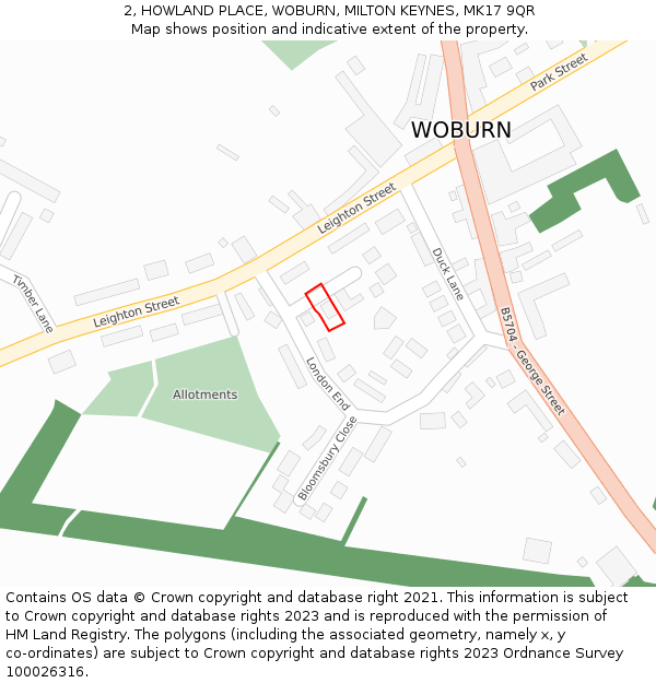 2, HOWLAND PLACE, WOBURN, MILTON KEYNES, MK17 9QR: Location map and indicative extent of plot