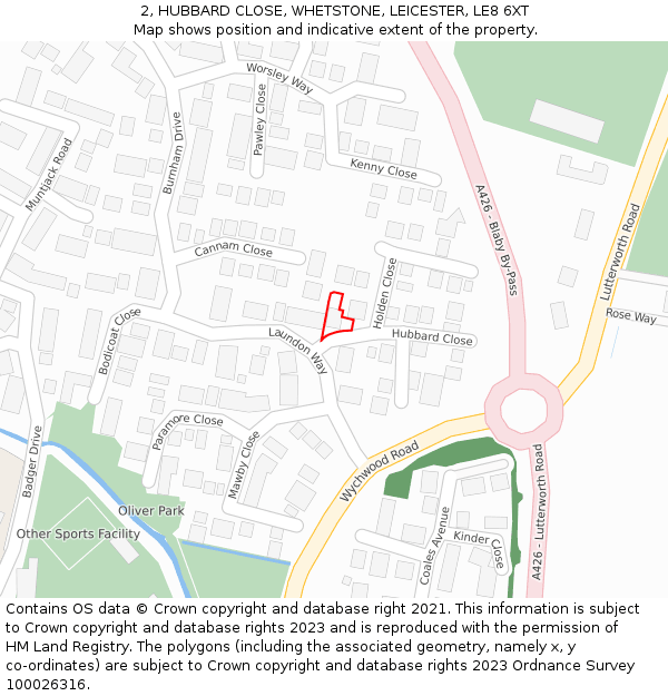 2, HUBBARD CLOSE, WHETSTONE, LEICESTER, LE8 6XT: Location map and indicative extent of plot