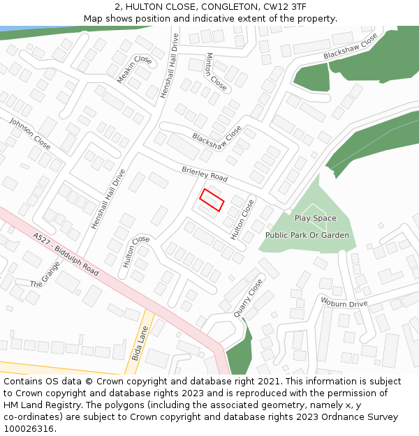 2, HULTON CLOSE, CONGLETON, CW12 3TF: Location map and indicative extent of plot