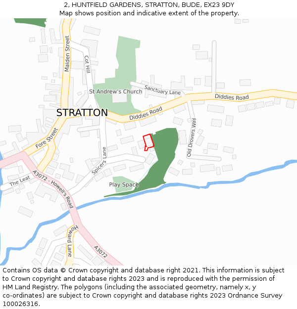 2, HUNTFIELD GARDENS, STRATTON, BUDE, EX23 9DY: Location map and indicative extent of plot
