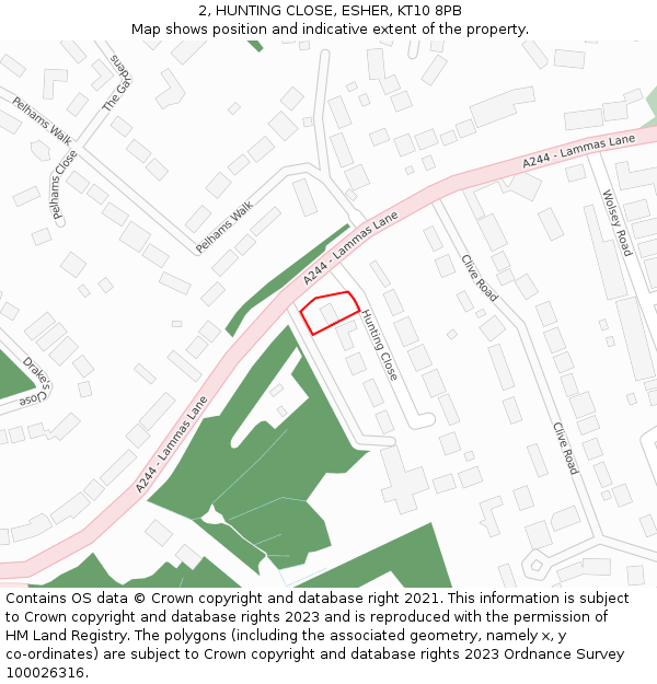 2, HUNTING CLOSE, ESHER, KT10 8PB: Location map and indicative extent of plot