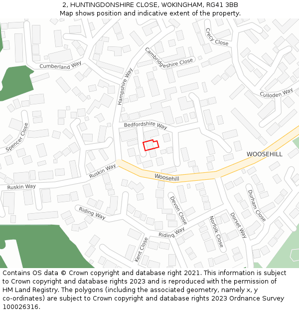 2, HUNTINGDONSHIRE CLOSE, WOKINGHAM, RG41 3BB: Location map and indicative extent of plot