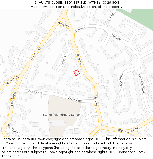 2, HUNTS CLOSE, STONESFIELD, WITNEY, OX29 8QG: Location map and indicative extent of plot