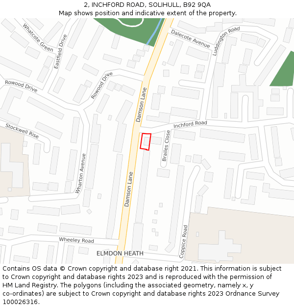 2, INCHFORD ROAD, SOLIHULL, B92 9QA: Location map and indicative extent of plot