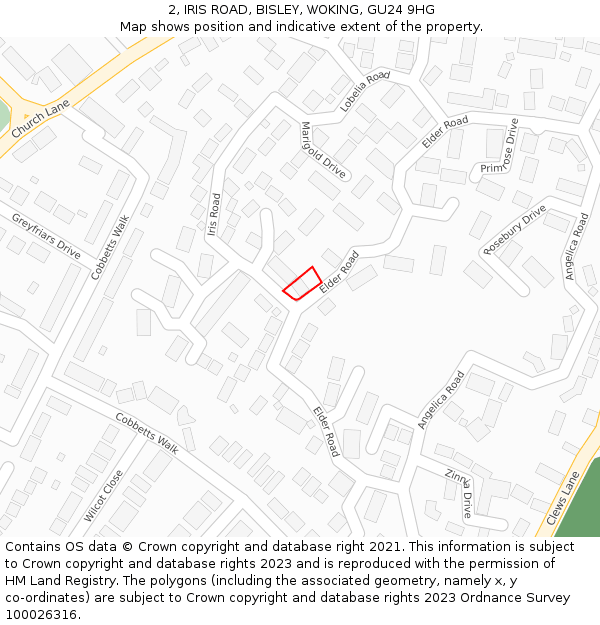 2, IRIS ROAD, BISLEY, WOKING, GU24 9HG: Location map and indicative extent of plot