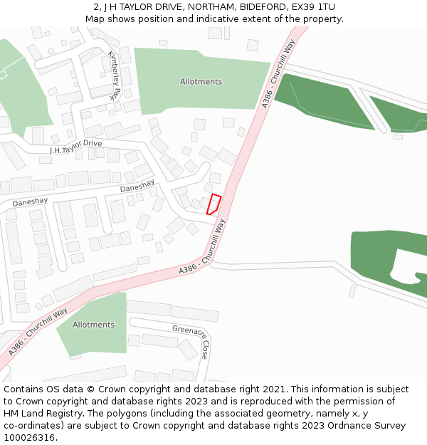2, J H TAYLOR DRIVE, NORTHAM, BIDEFORD, EX39 1TU: Location map and indicative extent of plot