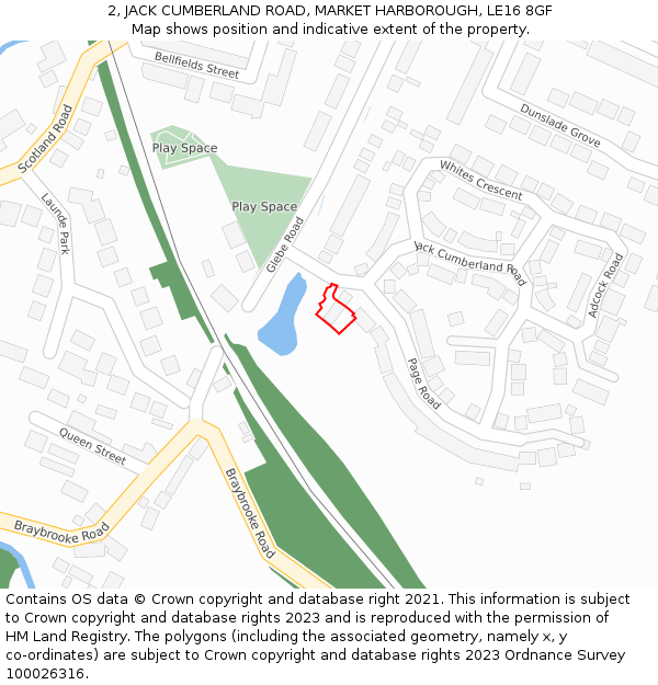 2, JACK CUMBERLAND ROAD, MARKET HARBOROUGH, LE16 8GF: Location map and indicative extent of plot