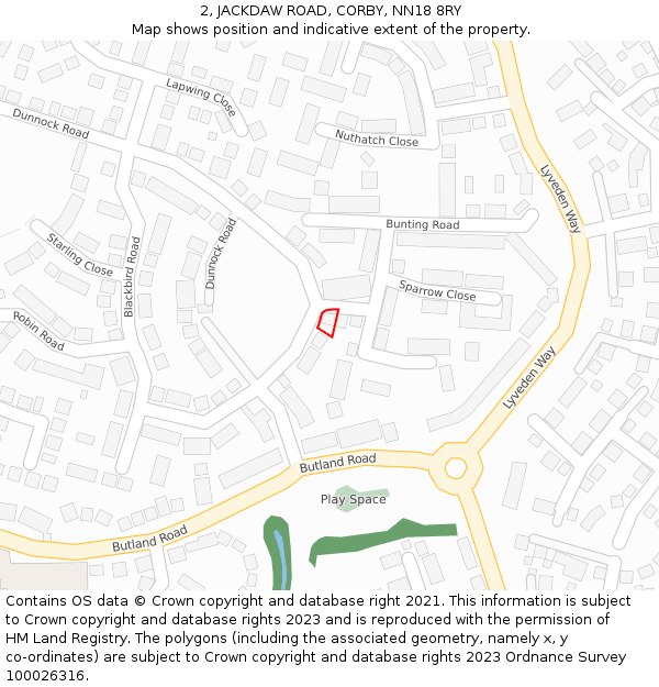 2, JACKDAW ROAD, CORBY, NN18 8RY: Location map and indicative extent of plot