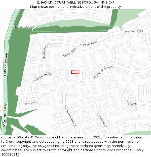 2, JACKLIN COURT, WELLINGBOROUGH, NN8 5XP: Location map and indicative extent of plot