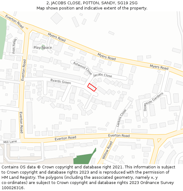 2, JACOBS CLOSE, POTTON, SANDY, SG19 2SG: Location map and indicative extent of plot