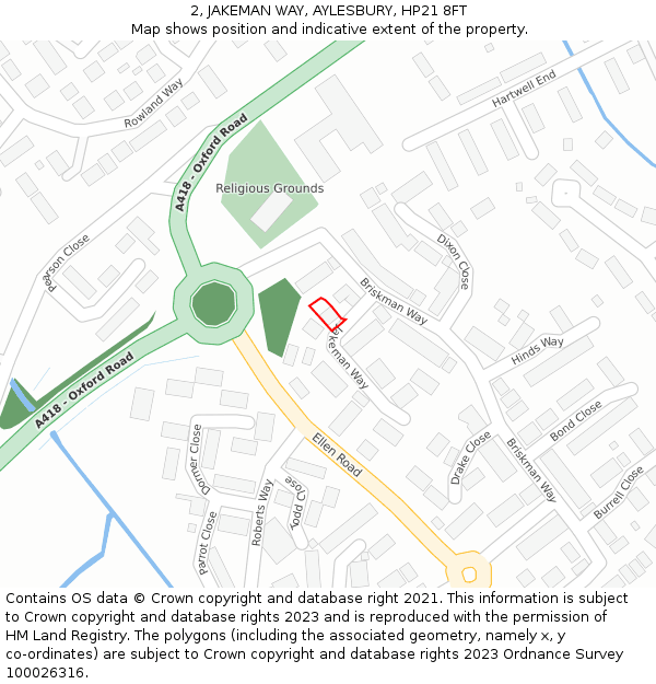 2, JAKEMAN WAY, AYLESBURY, HP21 8FT: Location map and indicative extent of plot
