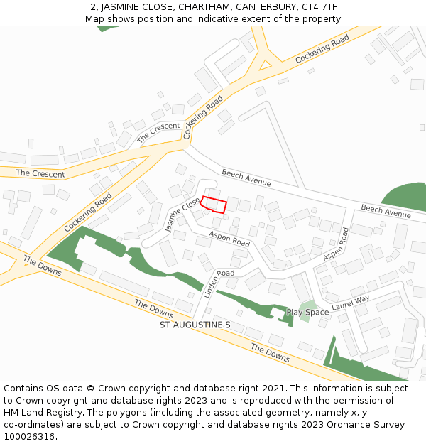 2, JASMINE CLOSE, CHARTHAM, CANTERBURY, CT4 7TF: Location map and indicative extent of plot