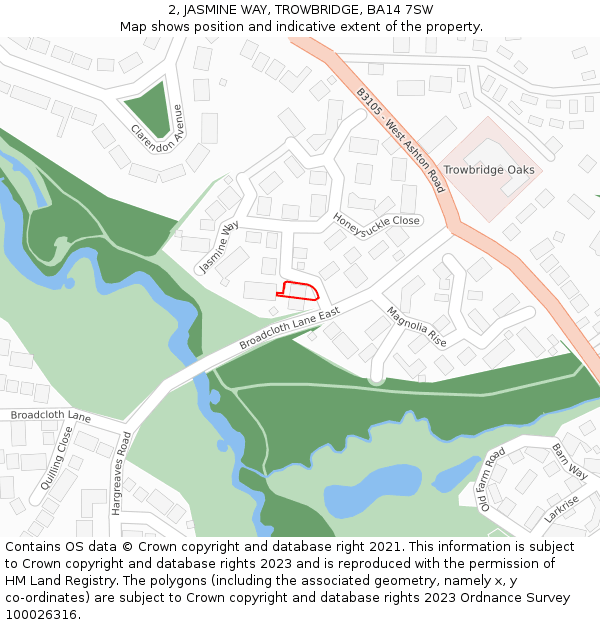 2, JASMINE WAY, TROWBRIDGE, BA14 7SW: Location map and indicative extent of plot