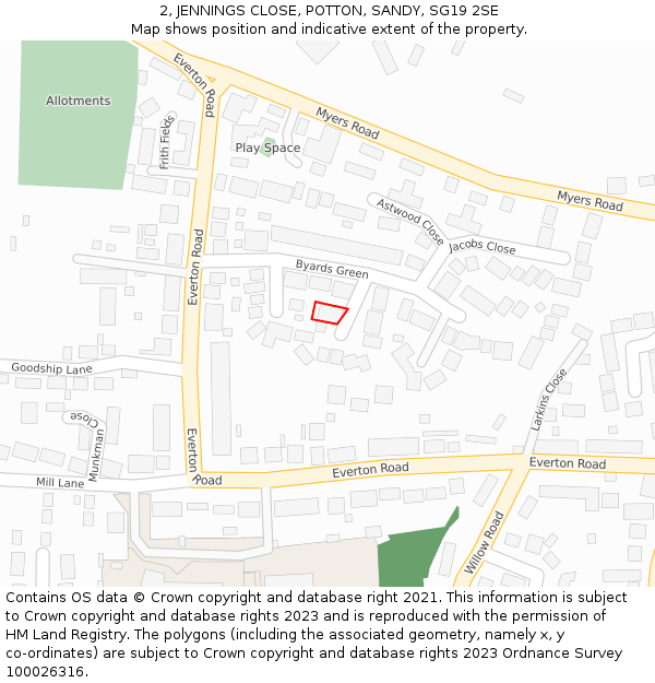 2, JENNINGS CLOSE, POTTON, SANDY, SG19 2SE: Location map and indicative extent of plot