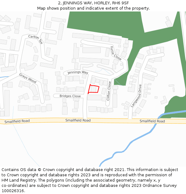2, JENNINGS WAY, HORLEY, RH6 9SF: Location map and indicative extent of plot