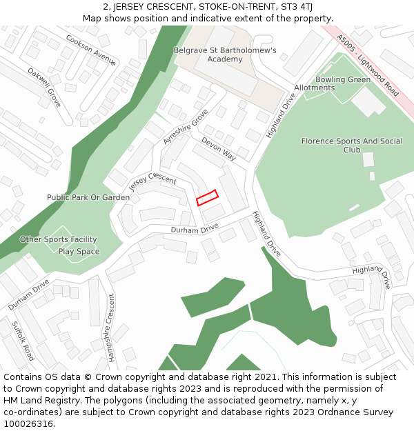 2, JERSEY CRESCENT, STOKE-ON-TRENT, ST3 4TJ: Location map and indicative extent of plot