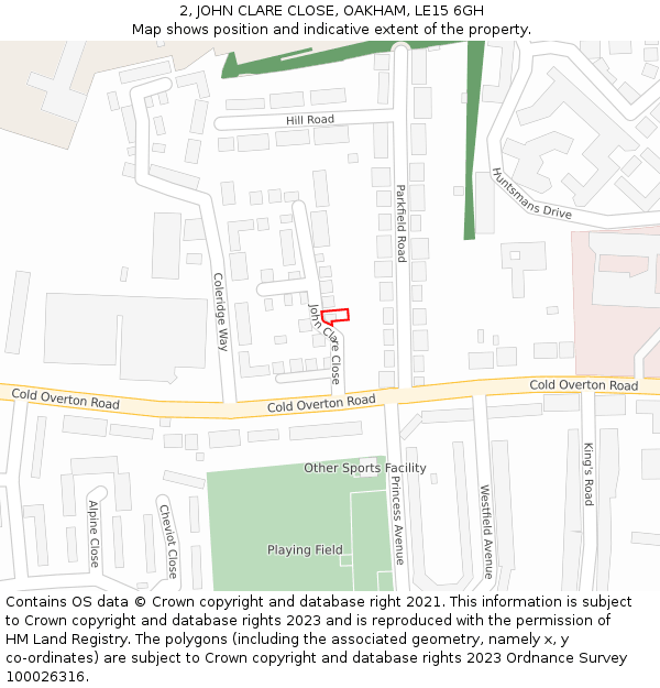 2, JOHN CLARE CLOSE, OAKHAM, LE15 6GH: Location map and indicative extent of plot