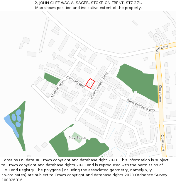 2, JOHN CLIFF WAY, ALSAGER, STOKE-ON-TRENT, ST7 2ZU: Location map and indicative extent of plot