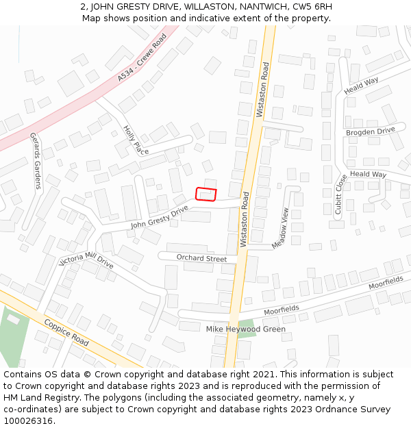 2, JOHN GRESTY DRIVE, WILLASTON, NANTWICH, CW5 6RH: Location map and indicative extent of plot