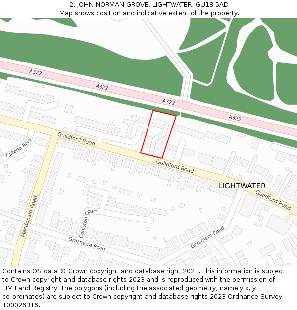 2, JOHN NORMAN GROVE, LIGHTWATER, GU18 5AD: Location map and indicative extent of plot