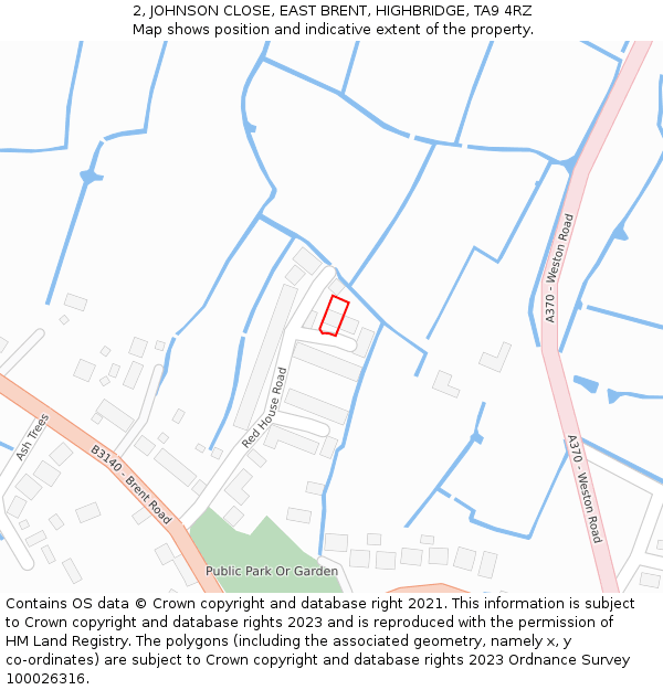 2, JOHNSON CLOSE, EAST BRENT, HIGHBRIDGE, TA9 4RZ: Location map and indicative extent of plot