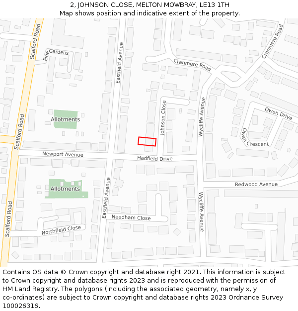 2, JOHNSON CLOSE, MELTON MOWBRAY, LE13 1TH: Location map and indicative extent of plot