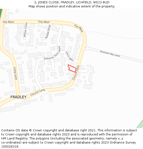 2, JONES CLOSE, FRADLEY, LICHFIELD, WS13 8UD: Location map and indicative extent of plot