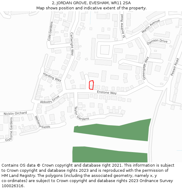2, JORDAN GROVE, EVESHAM, WR11 2SA: Location map and indicative extent of plot