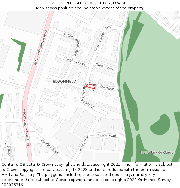 2, JOSEPH HALL DRIVE, TIPTON, DY4 9EF: Location map and indicative extent of plot