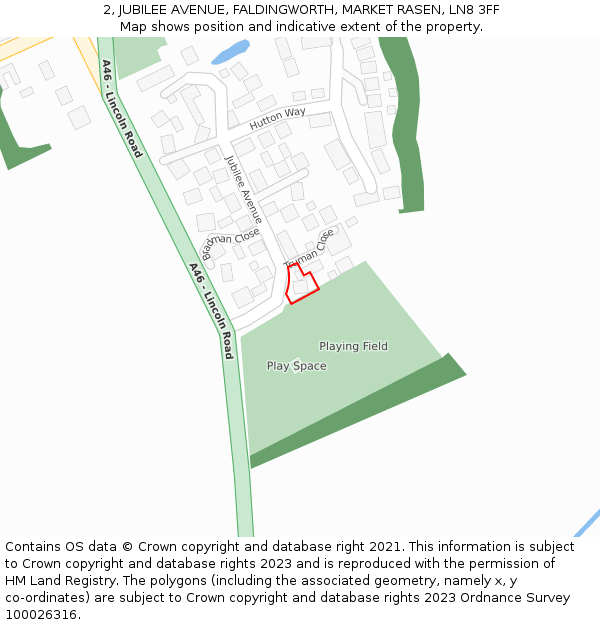 2, JUBILEE AVENUE, FALDINGWORTH, MARKET RASEN, LN8 3FF: Location map and indicative extent of plot