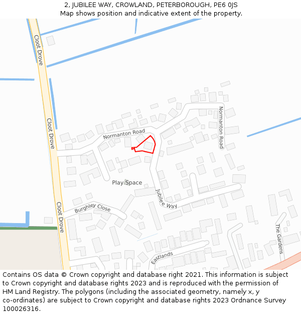 2, JUBILEE WAY, CROWLAND, PETERBOROUGH, PE6 0JS: Location map and indicative extent of plot