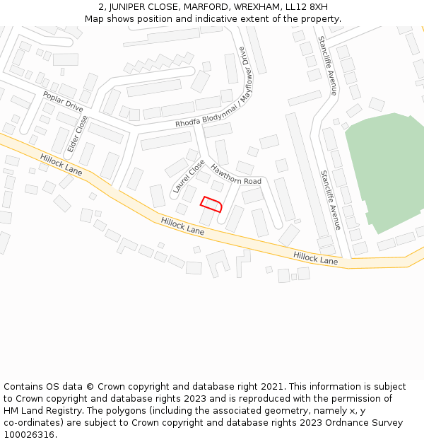 2, JUNIPER CLOSE, MARFORD, WREXHAM, LL12 8XH: Location map and indicative extent of plot